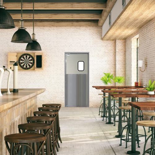 Puertas Eliason SCP-1-36SNGL-DR - Puerta batiente de tráfico simple de 36" de ancho - Núcleo de madera con placa base de acero inoxidable