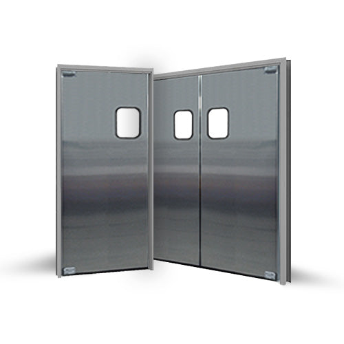 Puertas Eliason DSP-3-36SNGL+WINDOW - Puerta batiente de tráfico simple de 36" de ancho - Acero inoxidable económico