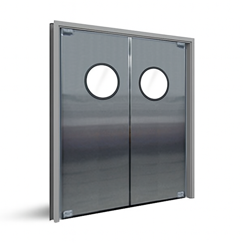 Puertas Eliason DSP-3-72DBL+WINDOW - Puerta batiente de doble tráfico de 72" de ancho - Acero inoxidable económico