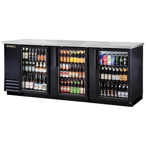 True TBB-4G-HC-LD - 90"W Back Bar Cooler - (3) Glass Doors - Black