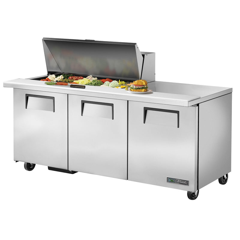 True TSSU-72-18M-B-HC - 72"W Sandwich Prep Table - (3) Doors - (18) Pans