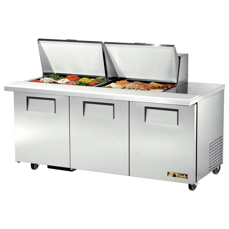 True TSSU-72-24M-B-ST-HC - 72"W Sandwich Prep Table - (3) Doors - (24) Pans