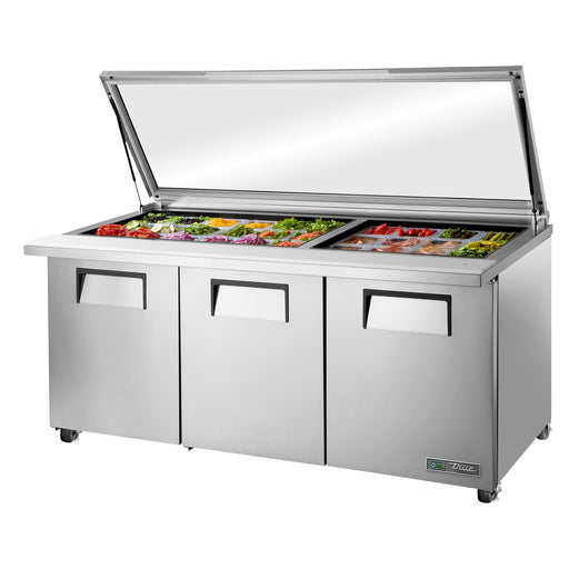 True TSSU-72-30M-B-ST-FGLID-HC - 72"W Sandwich Prep Table - (3) Doors - (30) Pans