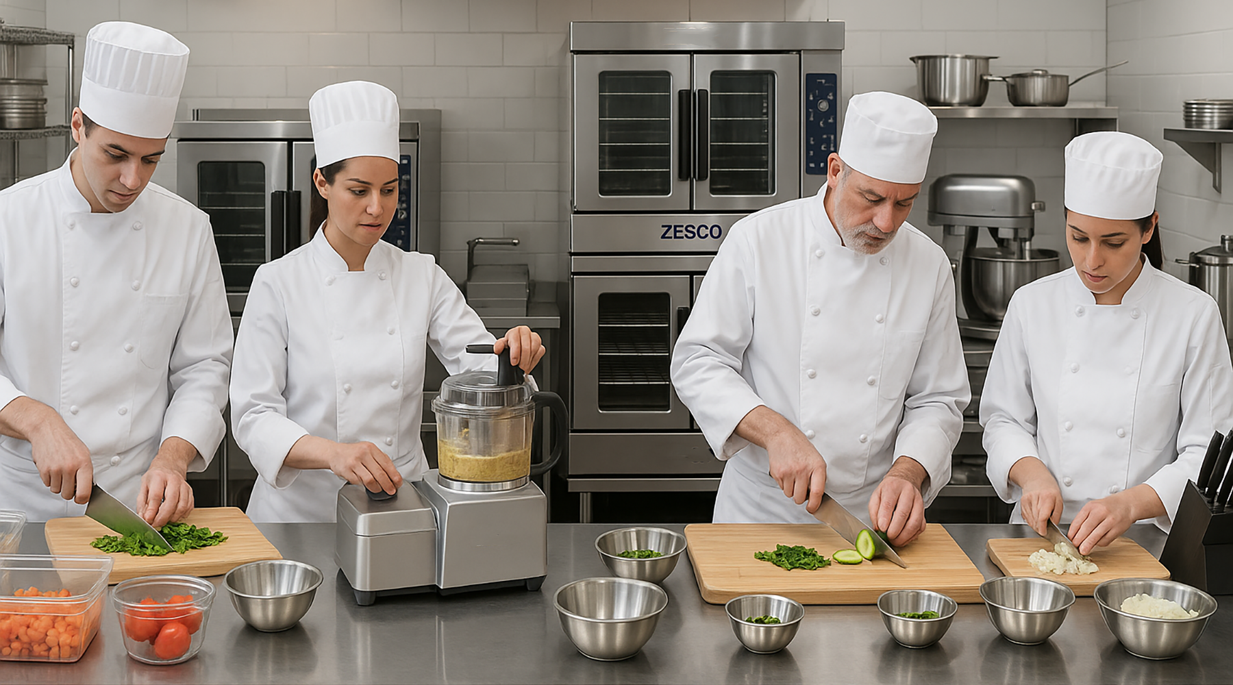 Professional chefs surrounded by commercial ovens, kitchen prep tools and other ZESCO products