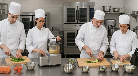 Professional chefs surrounded by commercial ovens, kitchen prep tools and other ZESCO products